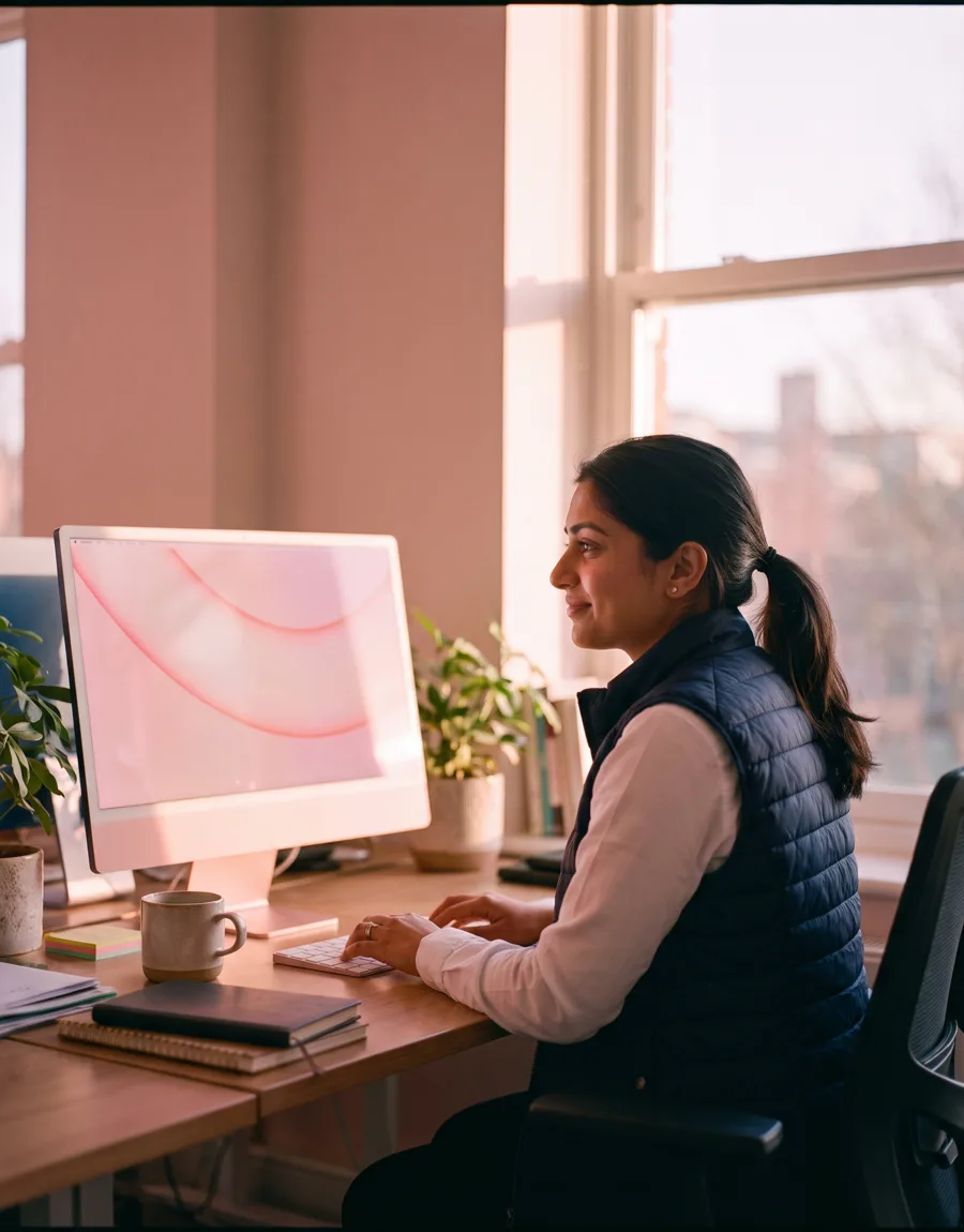 An estate agent at a widescreen monitor in a modern branch office, reviewing a title order screen glowing with a rose-pink document icon, morning light through the office window