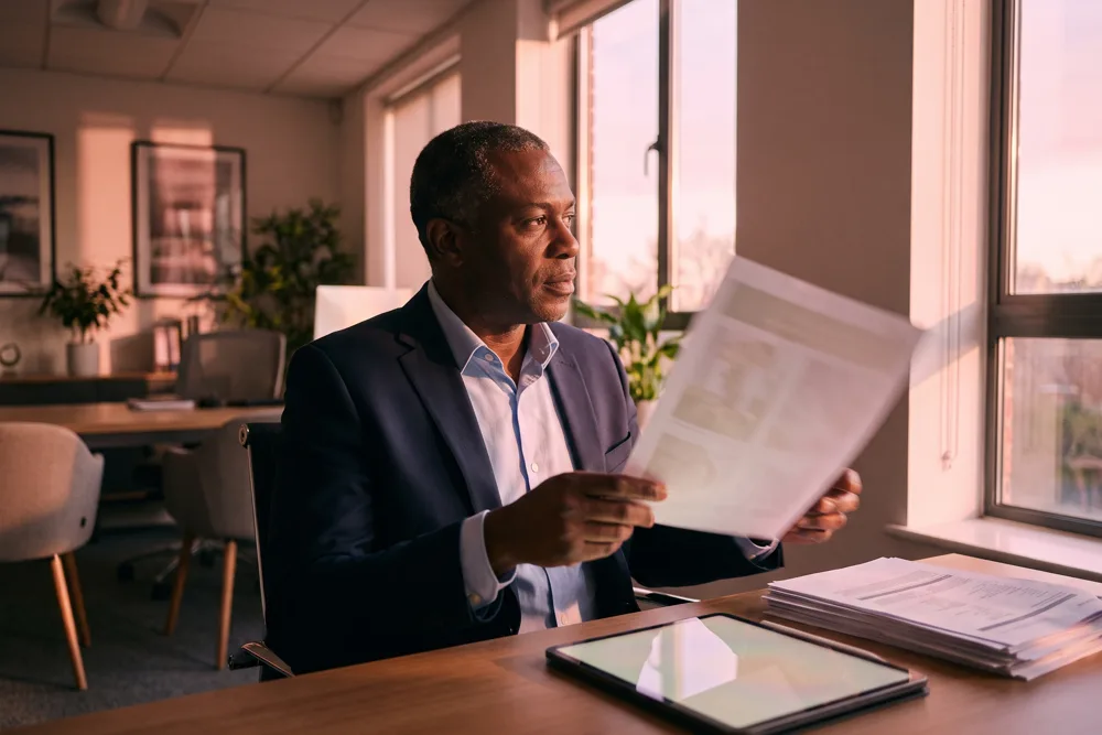 A branch manager reviewing a printed property file at a desk in a modern British estate agency office, warm evening light, a glowing tablet beside the papers