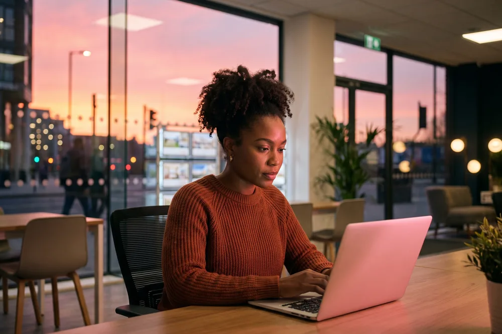 An estate agent negotiator working at a laptop in a modern branch office at dusk, a glowing rose-pink document icon reflecting on their face