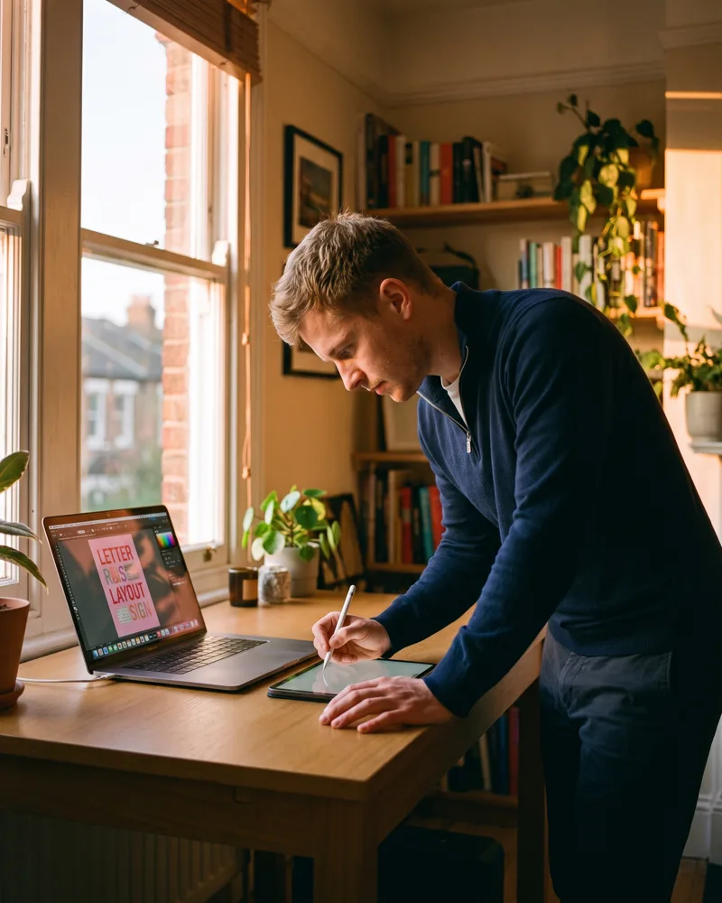 An agent designing a letter on a laptop at a bright office desk, the screen glowing with a colourful layout
