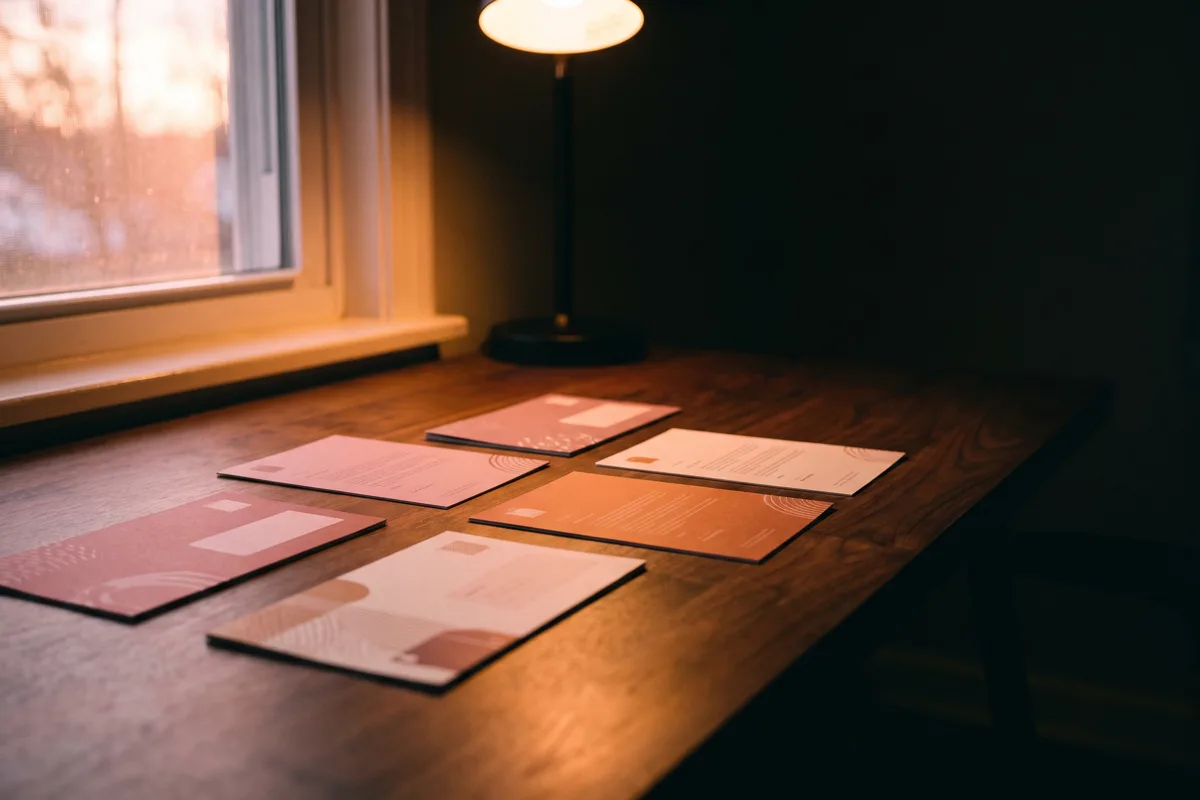 Several beautifully designed letters, each with a distinct brand-coloured layout, laid out on a desk