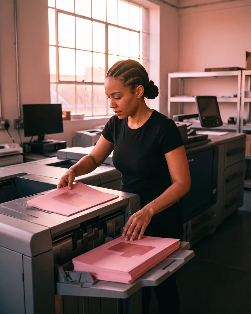 A modern digital printer producing a stack of finished letters in a bright print production unit