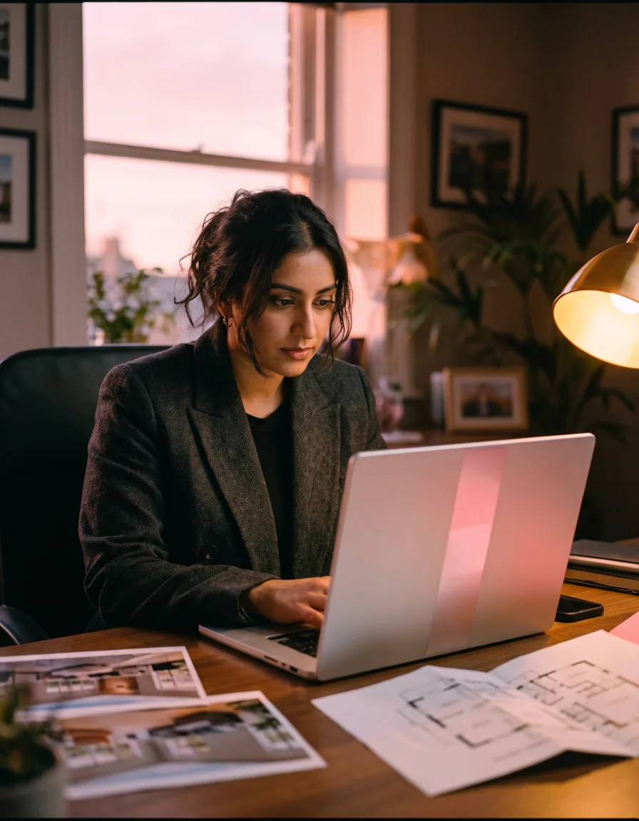An estate agent composing a property listing on a laptop at a desk in the early evening, printed photos and a floor plan beside the keyboard