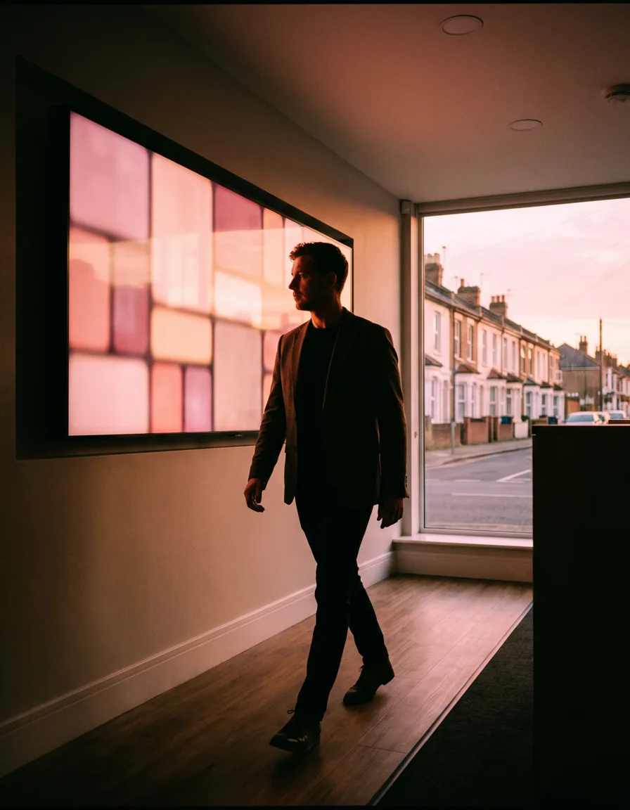 A silhouette of an estate agent walking past a wall of glowing rose-pink abstract dashboard tiles in a dusk-lit office, a British terraced street visible through the window