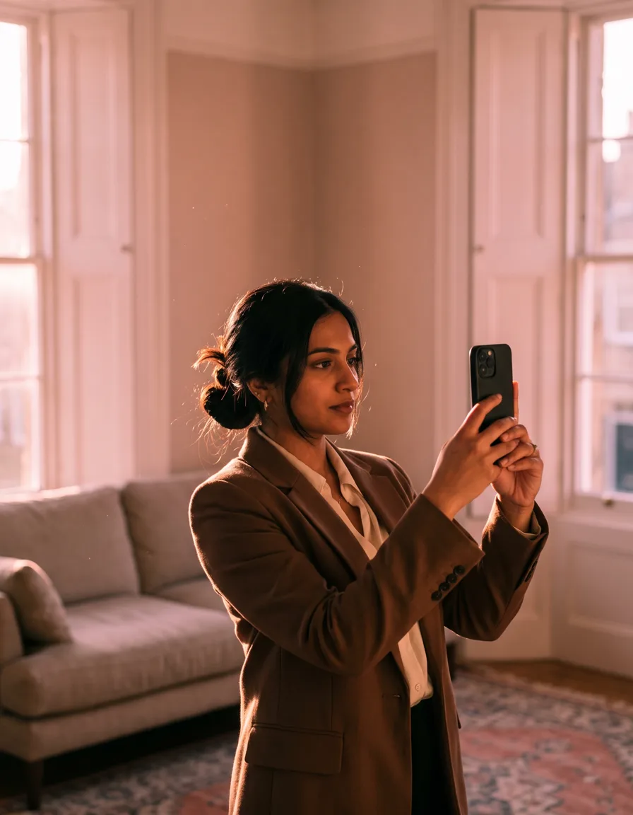 An estate agent photographing a bright, modern British living room with a phone, sunlight streaming through a sash window