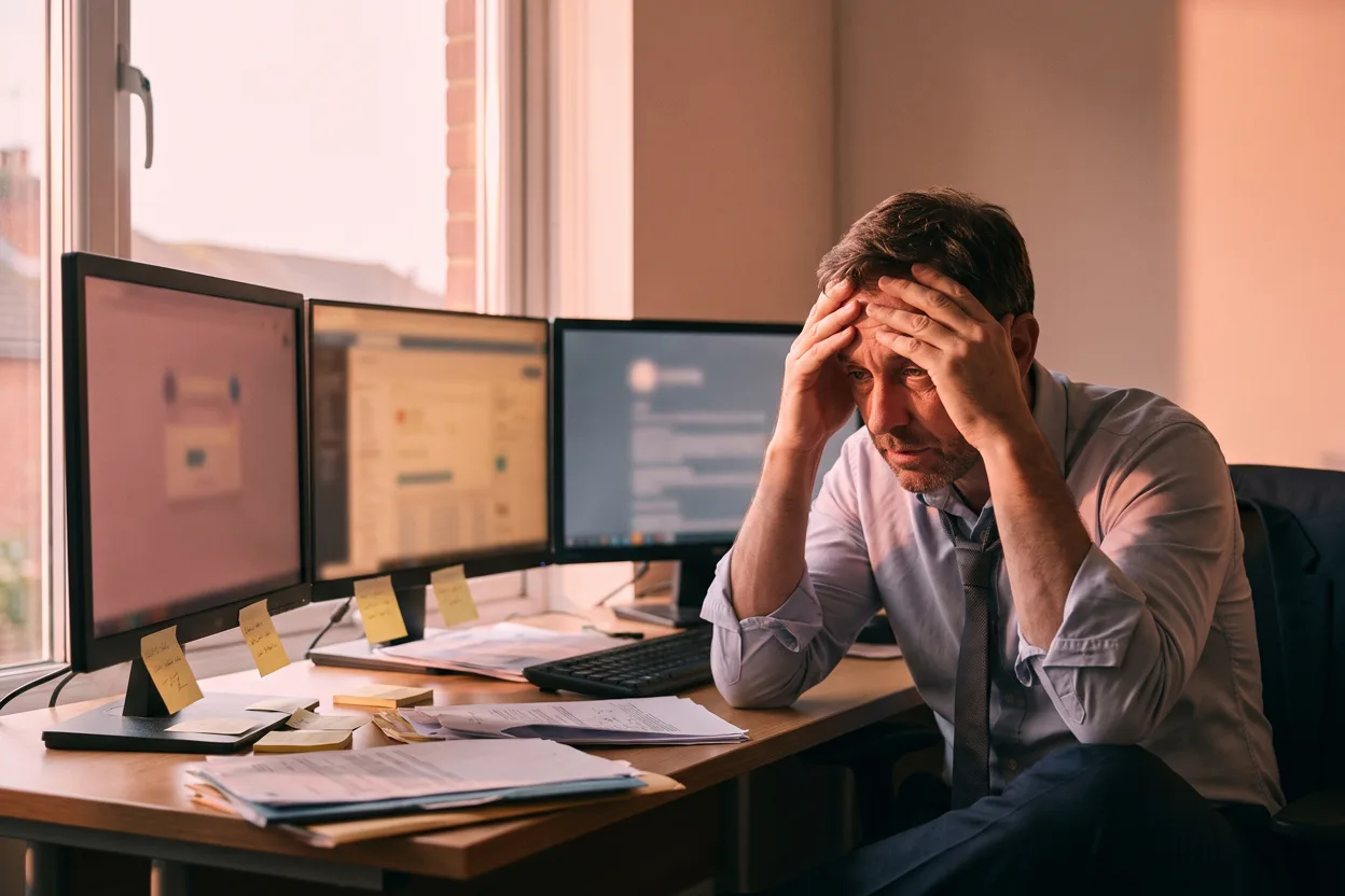 A stressed estate agent at a cluttered desk surrounded by three separate monitors each showing a different portal login, sticky notes and scattered papers