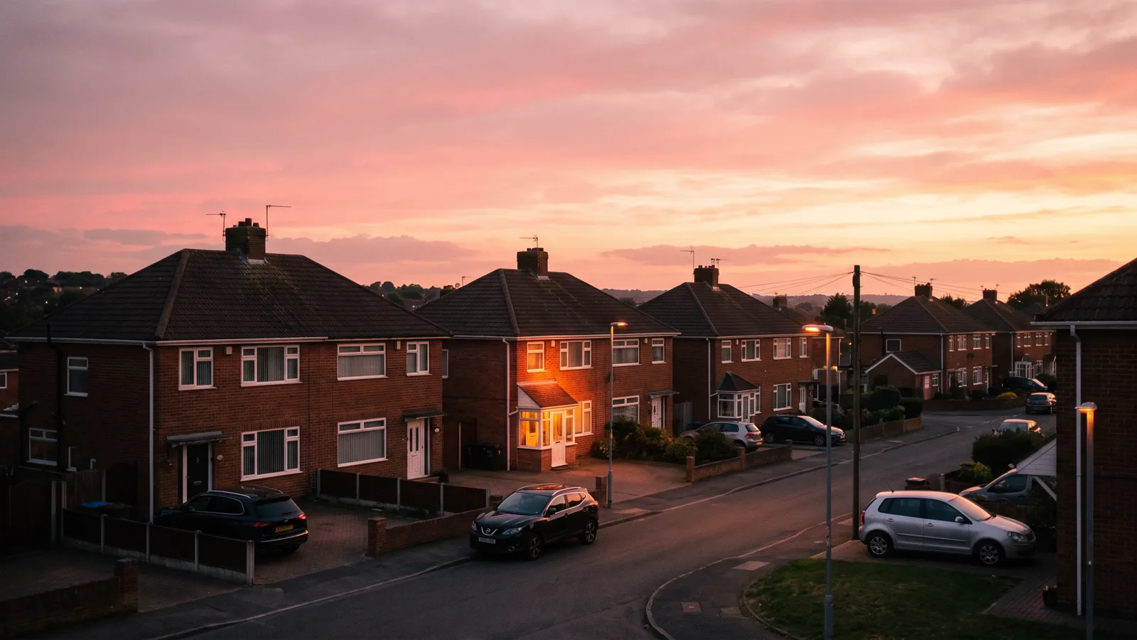 An aerial dusk view of a British suburban street of similar semi-detached houses, one glowing brighter than the rest
