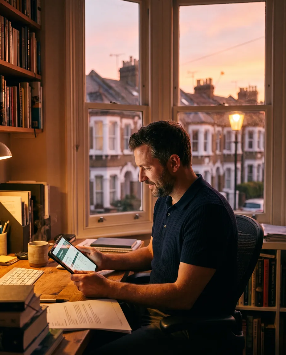 An estate agent's hands at a laptop keyboard, screen glowing softly, coffee cup beside it