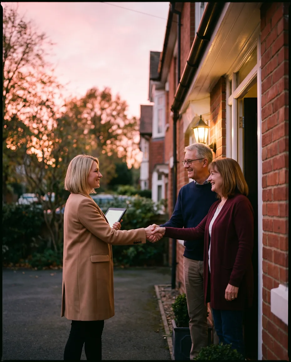 An estate agent on the doorstep of a modern British house at dusk, tablet in hand, greeting a homeowner couple