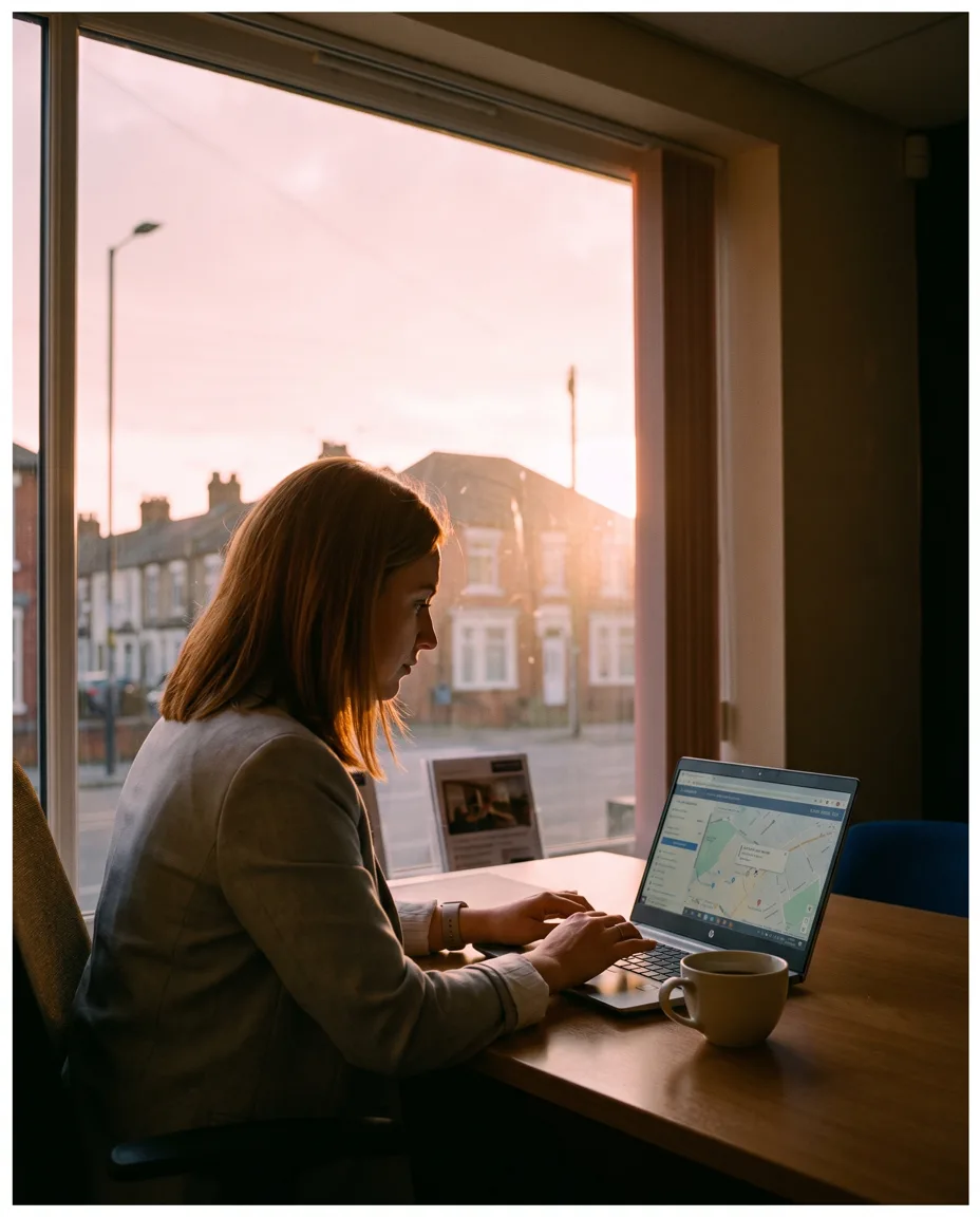 An estate agent at a laptop in a branch office at dusk, studying a property address on a map