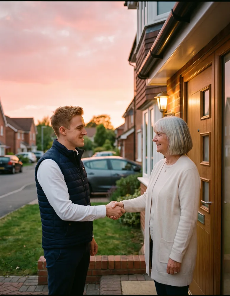An estate agent shaking hands with a homeowner on the doorstep of a modern British semi-detached house at early evening