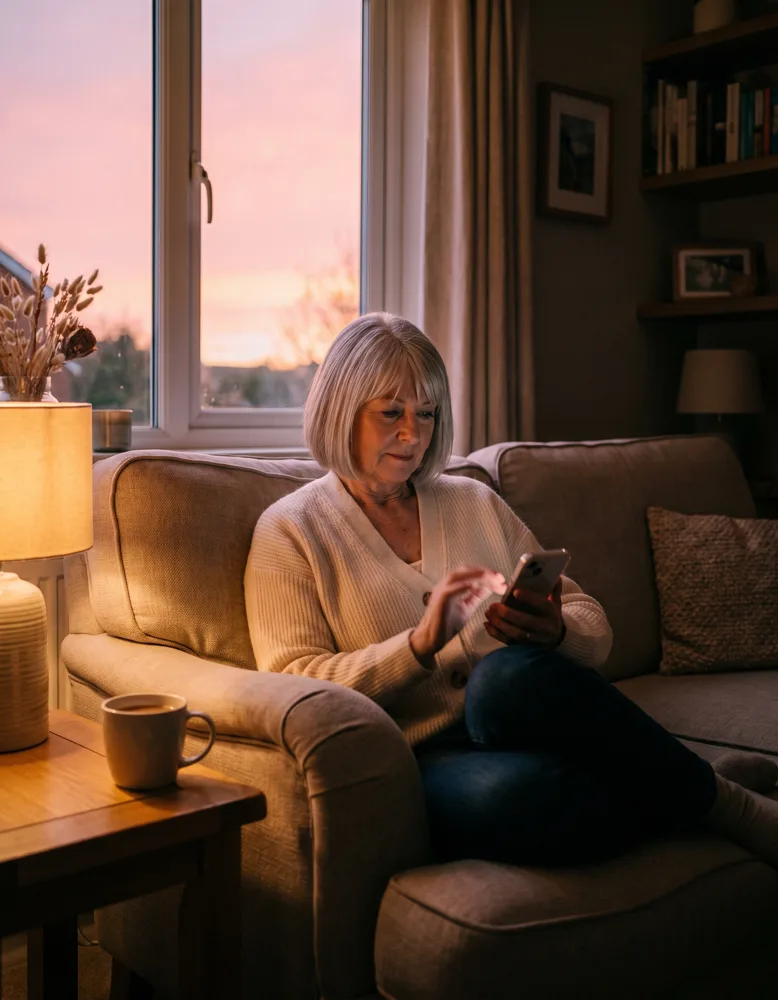 A homeowner sitting on a sofa in a modern British living room in the evening, looking at a glowing phone, a mug of tea beside her