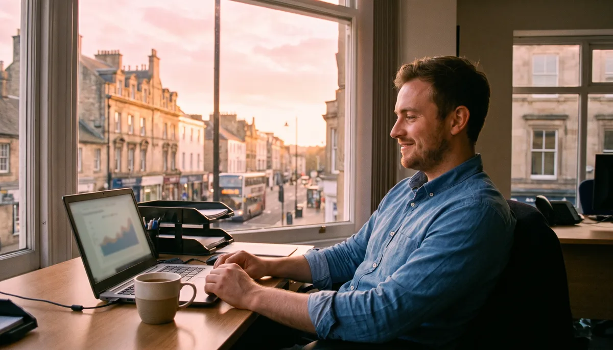 An estate agent relaxed at a desk with a laptop open showing a chart and a mug of tea, in a branch office overlooking a British street