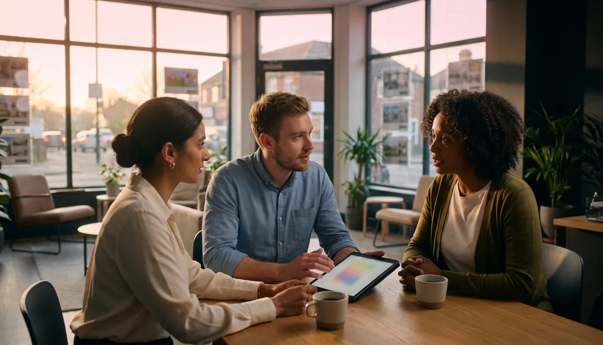 A small team of estate agents gathered around a table in a bright branch office, one holding a tablet showing a chart