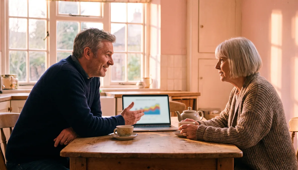 An estate agent at a homeowner's kitchen table with a laptop open, showing a chart, in conversation with the homeowner