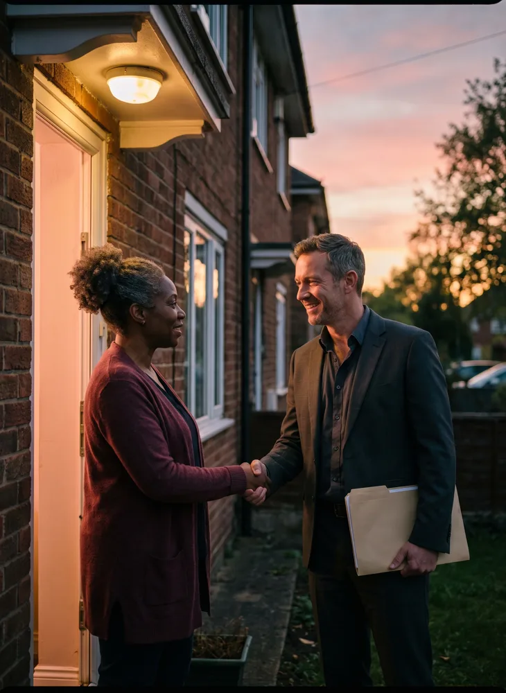 An estate agent shakes hands with a homeowner on the doorstep of a modern British house at dusk