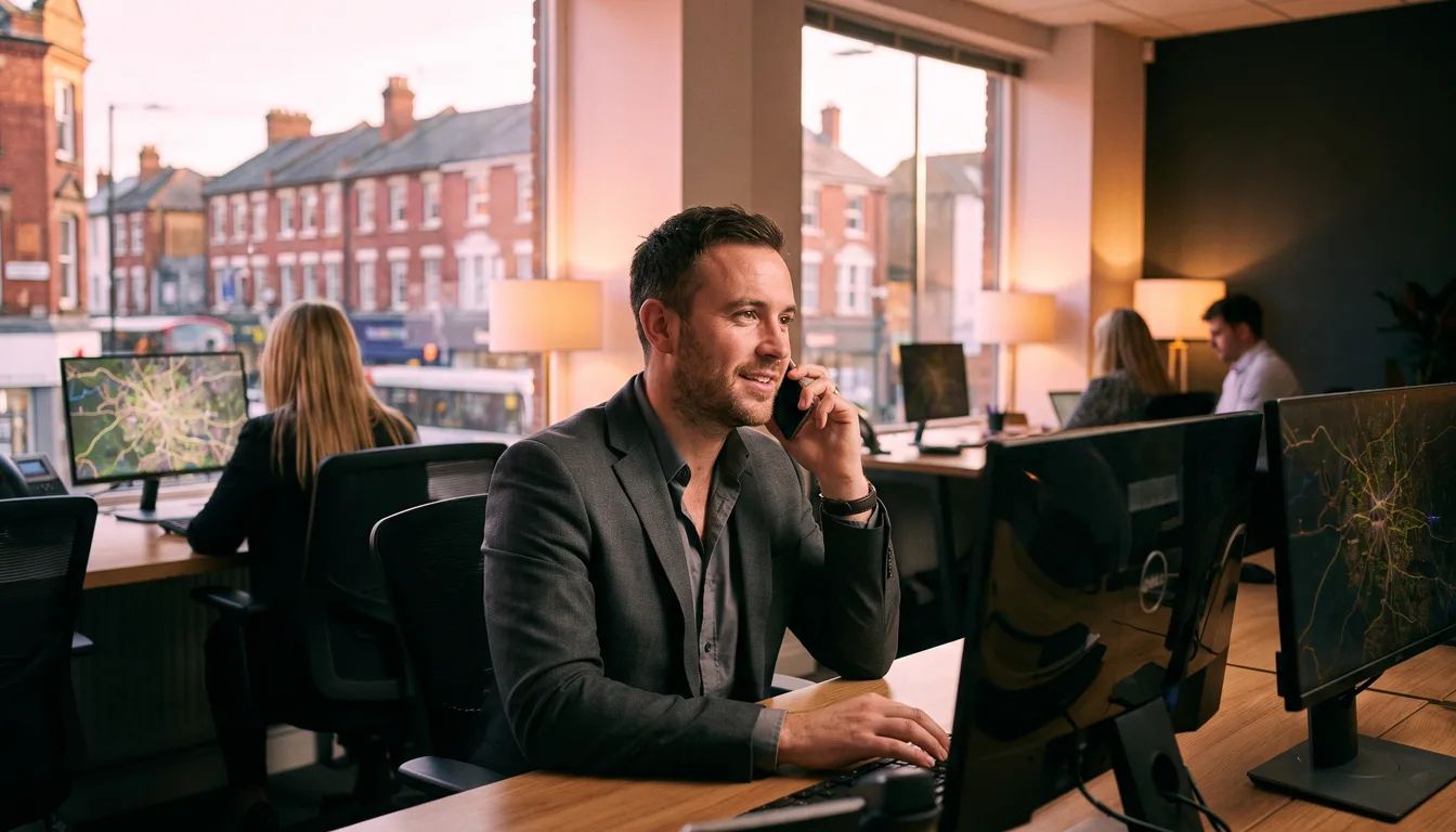 An estate agent works a scored map across two monitors while on the phone at a modern agency desk