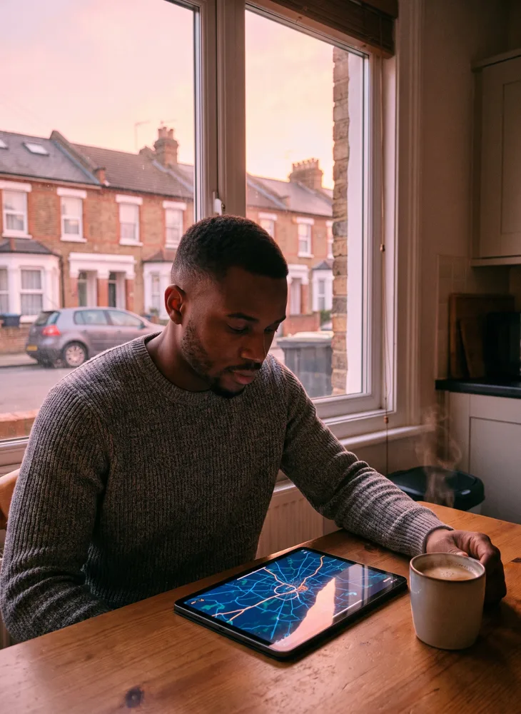 An estate agent checks a glowing tablet showing a scored property map at the kitchen table early in the morning, coffee steaming beside it
