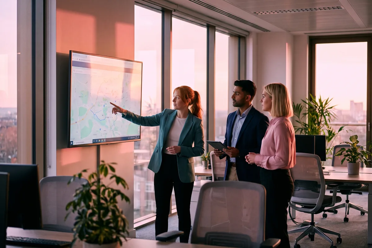A small team of estate agents gathered around a wall screen discussing a glowing scored map in a modern open-plan office