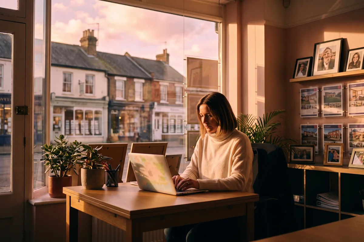 A solo independent estate agent works at a laptop showing a glowing property map inside a small British high-street office