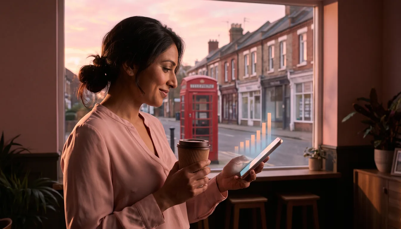 An estate agent checks a phone showing a rising bar chart over morning coffee, red telephone boxes on the terraced street outside