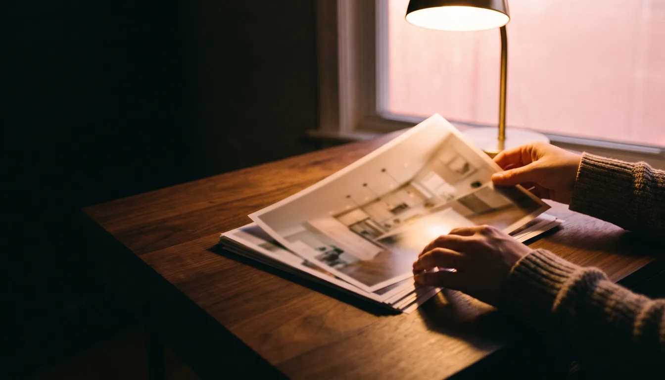 Hands rearranging printed photograph proofs of a house's kitchen and living room on a light table