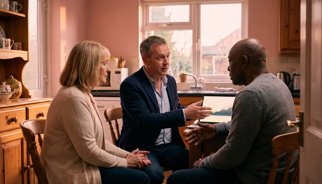 An estate agent turns a laptop toward a homeowning couple at a kitchen table, evening light through the window