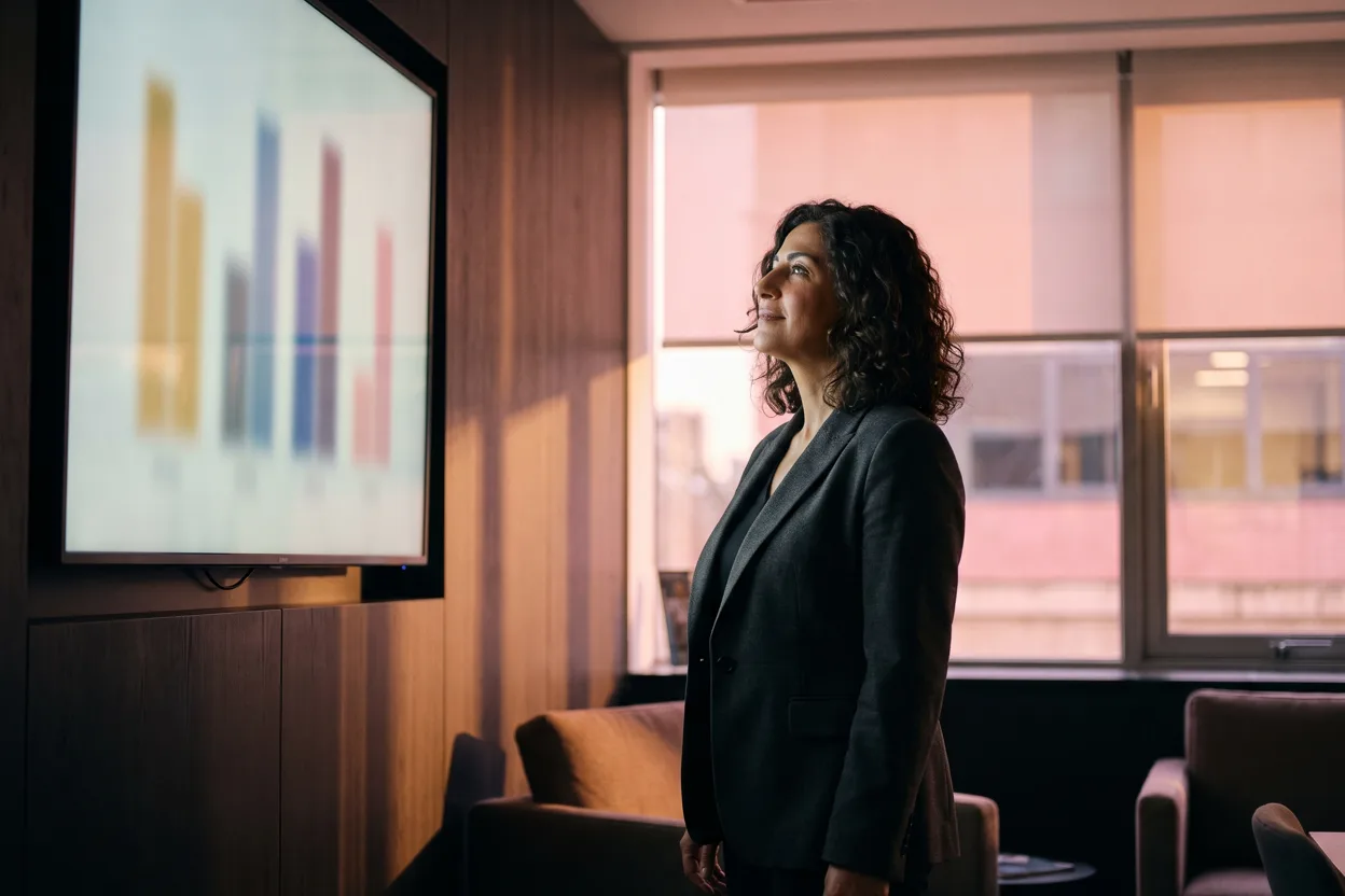 A branch manager reviews a wall-mounted screen of performance charts in a modern estate agency office at dusk