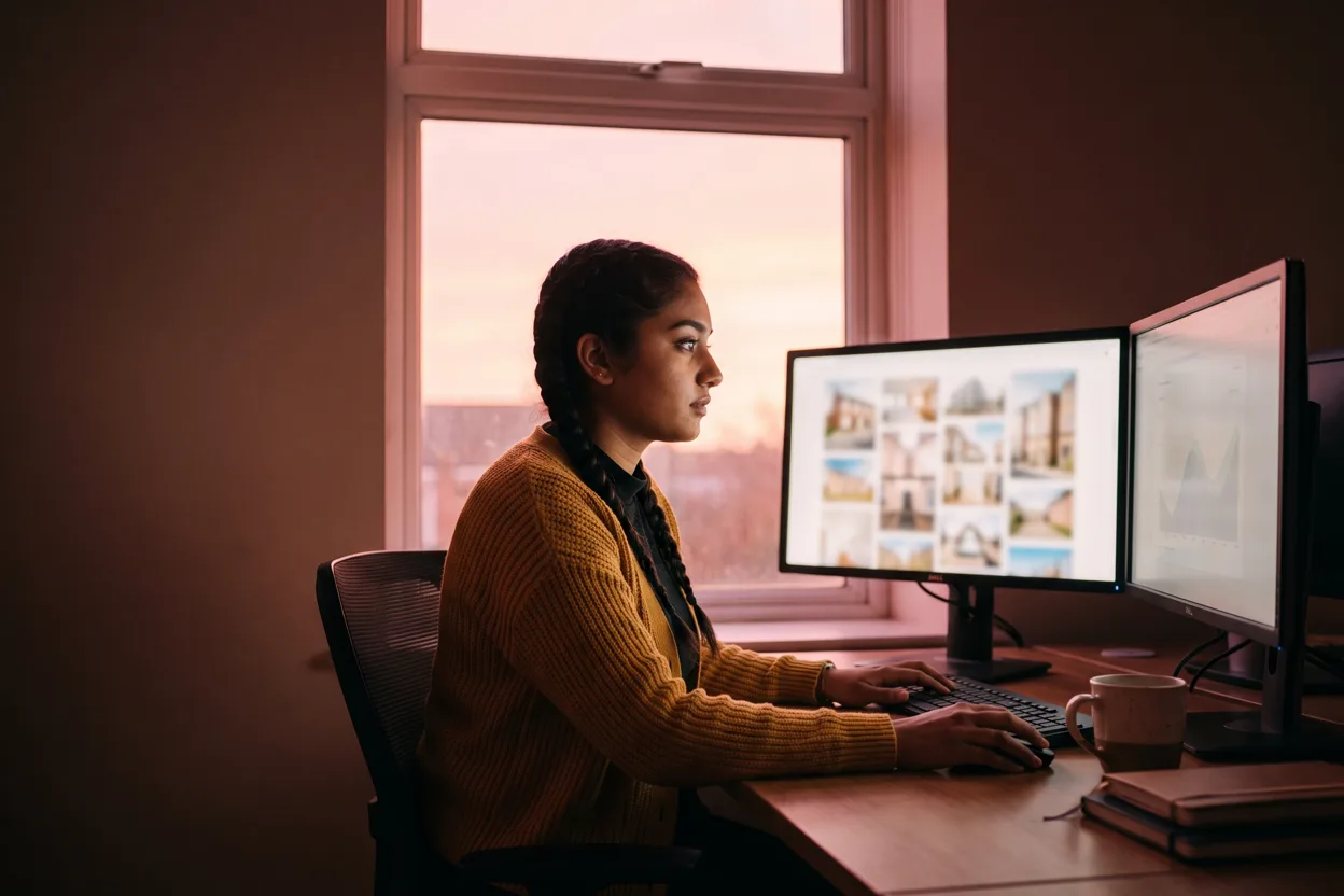 A listings coordinator at a desk with two monitors, one showing property photographs and one showing a chart, focused in warm dusk office light