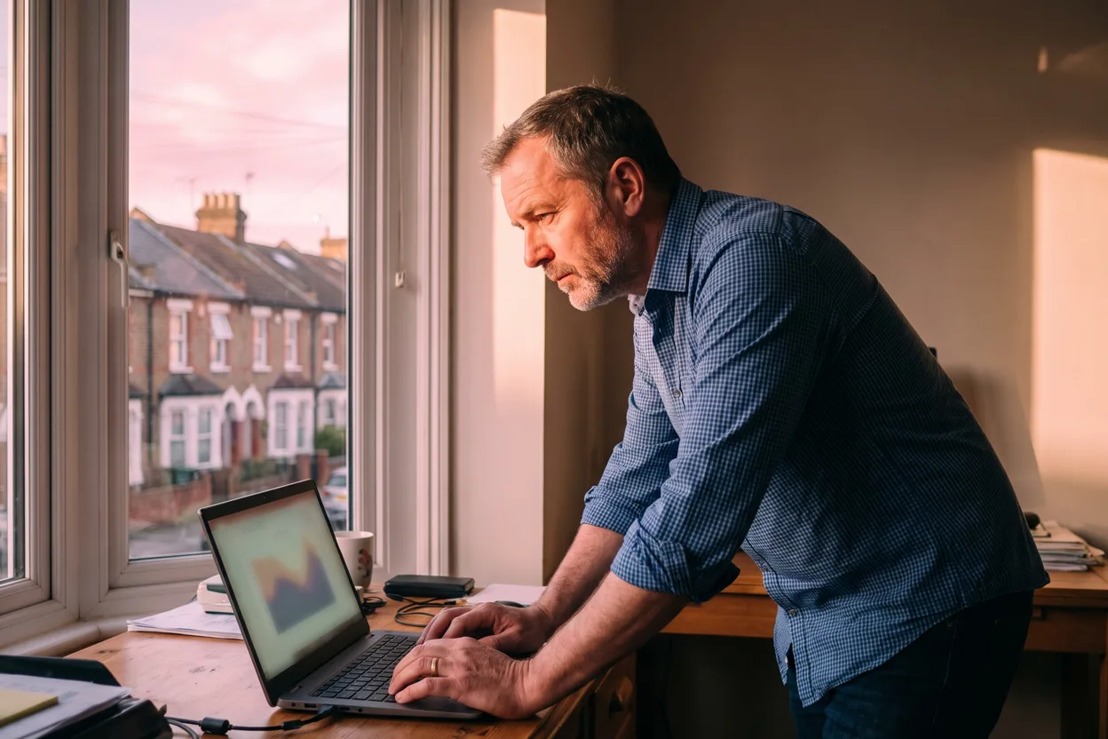 An independent sole-trading estate agent working late at a home-office desk overlooking a terraced British street at dusk