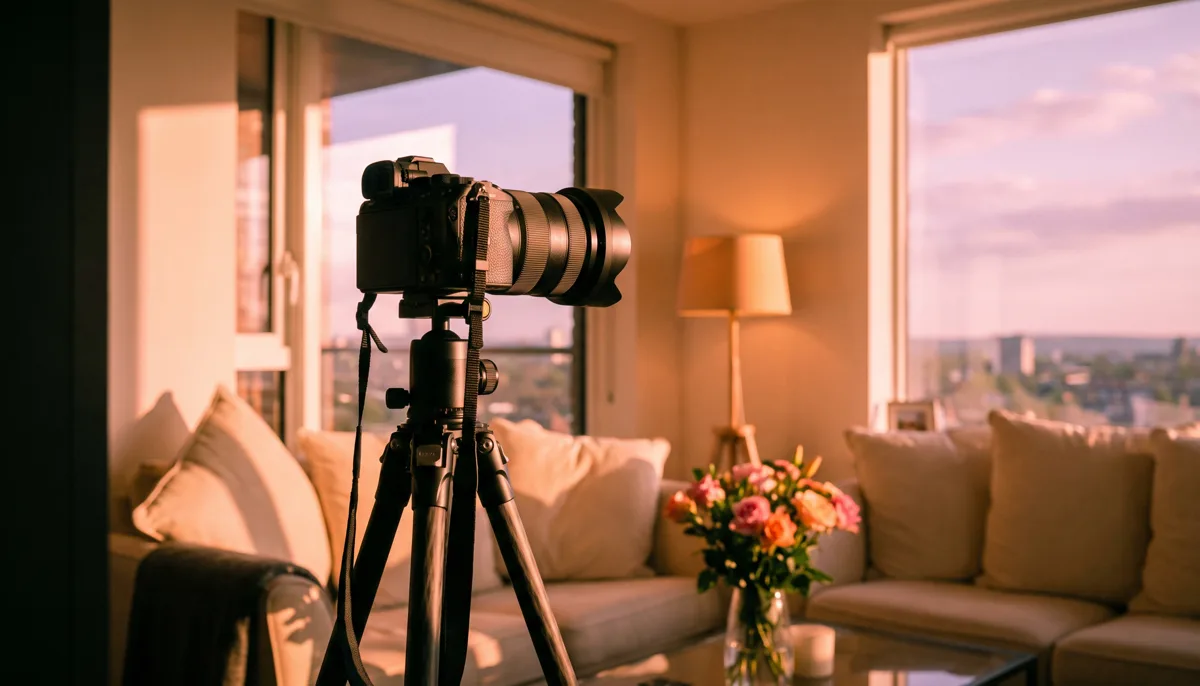 A vintage bellows camera on a wooden tripod in silhouette, looking out across a beautifully staged, warmly lit modern British living room at dusk