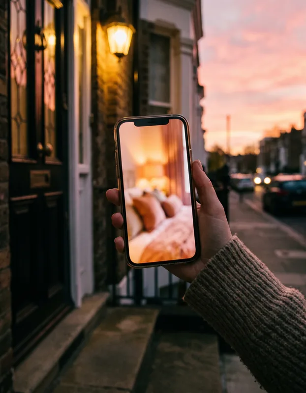 An estate agent's hand holding a phone glowing warmly with a beautifully furnished living room photo, standing outside a modern British house at dusk
