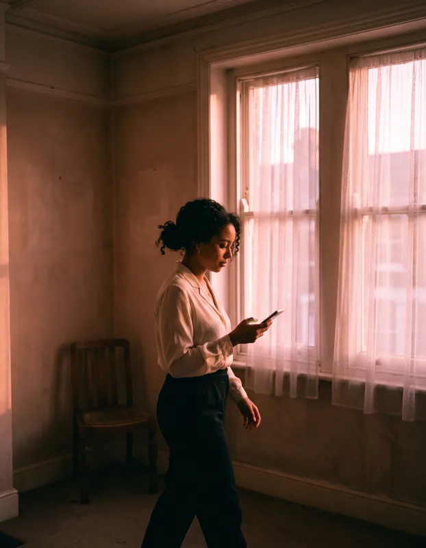 An estate agent walking through a sparsely furnished bedroom taking phone photos in soft dusk light