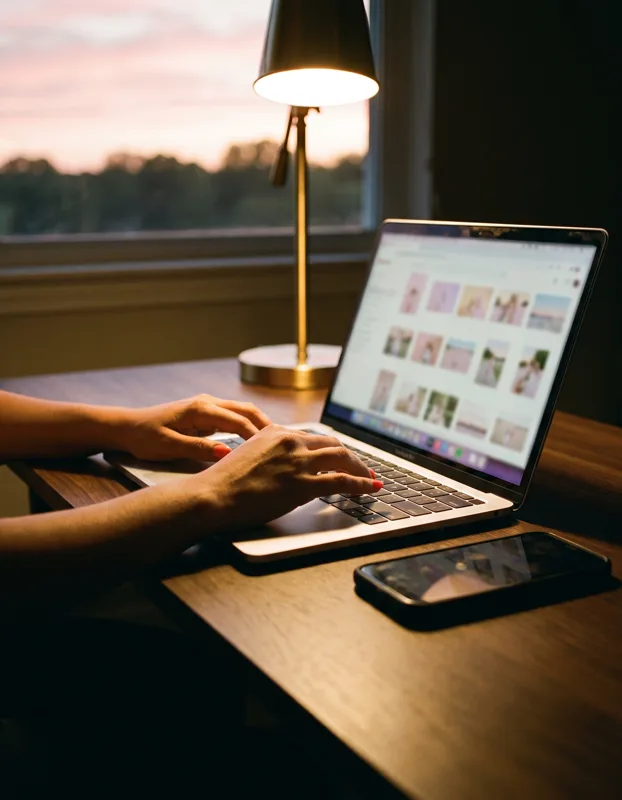 An estate agent's hands at a laptop, the screen glowing with a grid of small photo thumbnails, a phone beside the keyboard