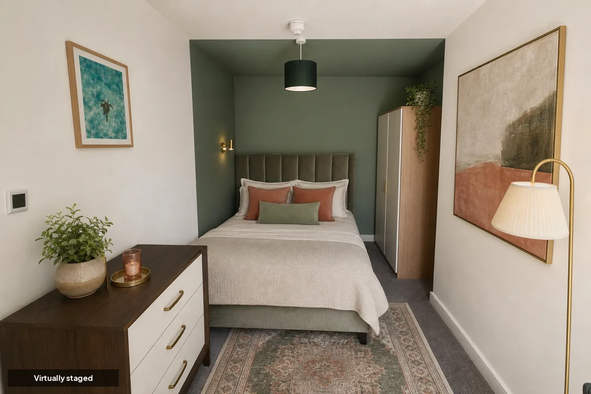A bedroom virtually staged by Photo Studio — a dressed bed, wardrobe, artwork and warm lamplight, carrying a Virtually staged disclosure label