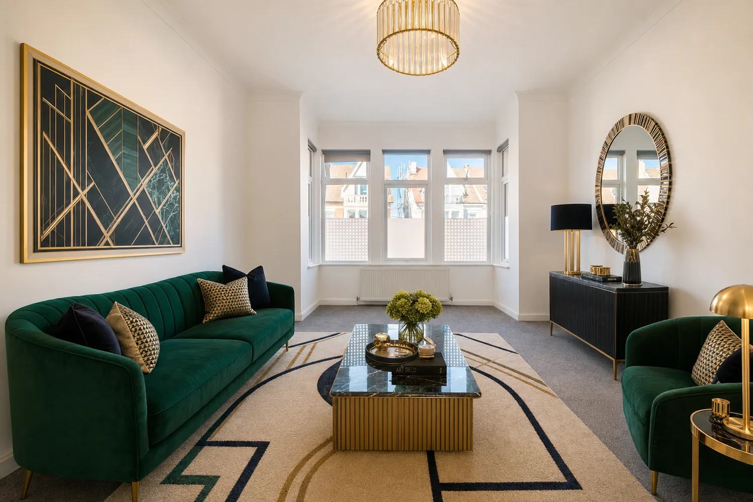 A living room shown with a bold deep-emerald and navy wall colour