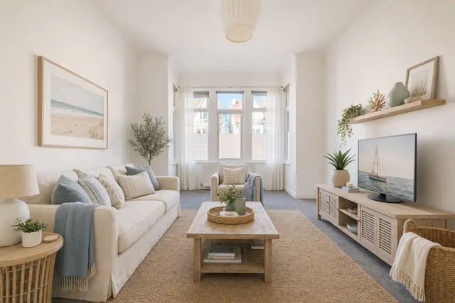 Living room staged in the Coastal style