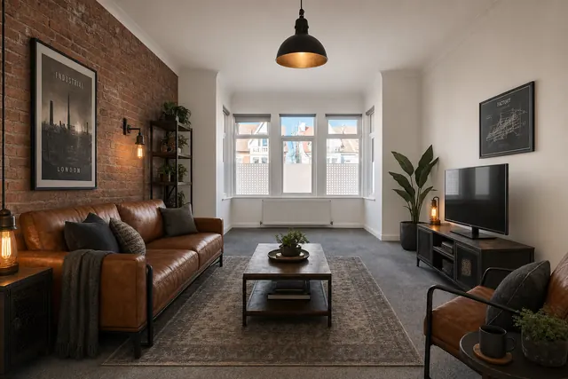 Living room staged in the Industrial style