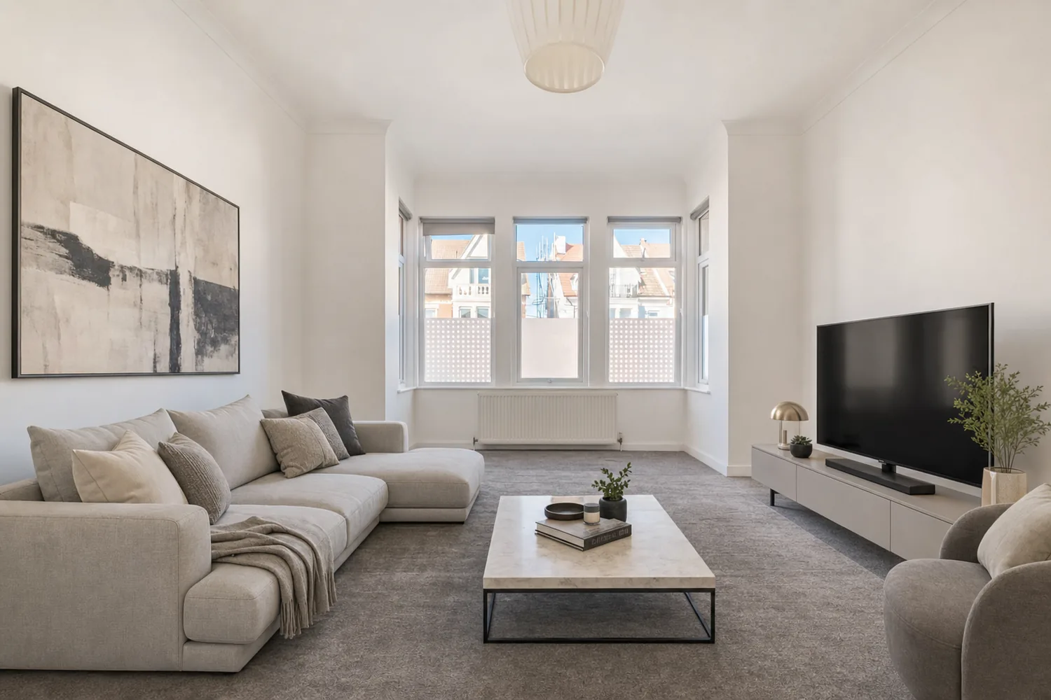 An empty living room virtually staged in the Modern style