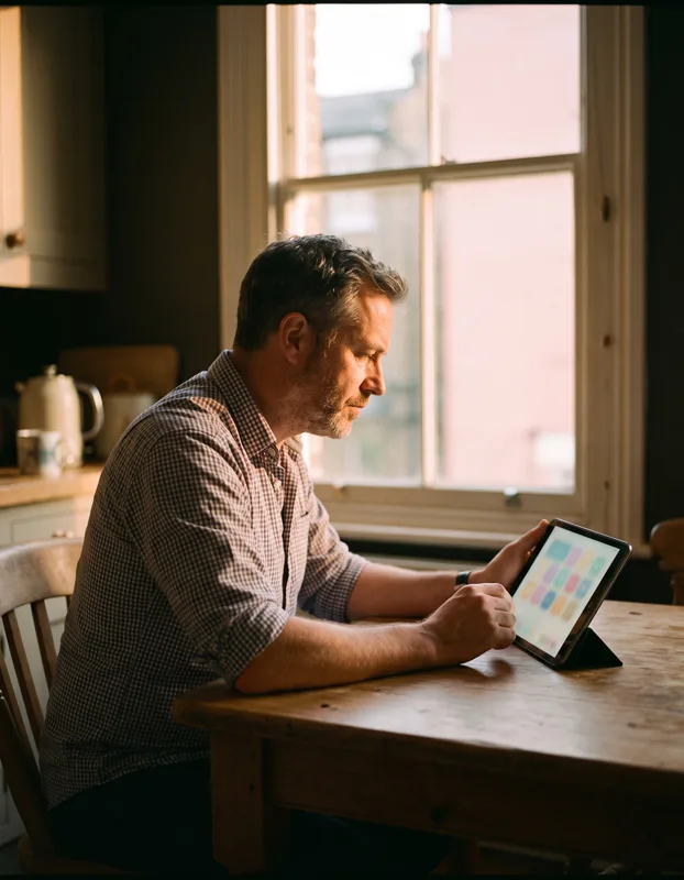 An estate agent at a kitchen table studying a tablet showing small photo thumbnails arranged into labelled groups