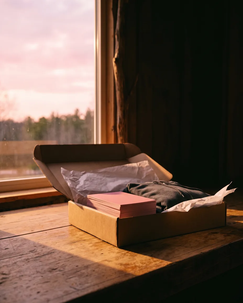A branch reception desk where a courier box has just been opened, revealing freshly printed postcards and a folded hoodie inside