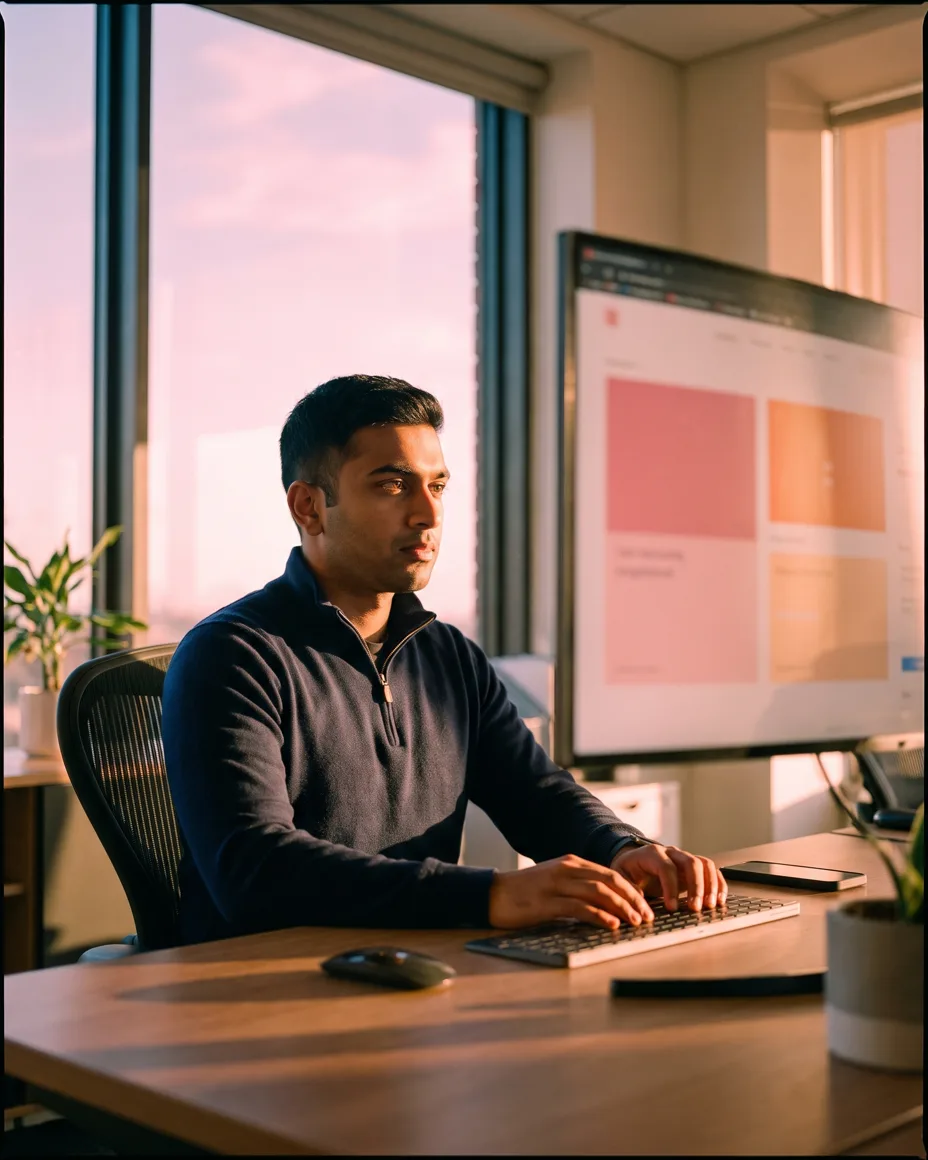 An estate agent designing a postcard on a large monitor at a bright office desk, a colourful layout glowing on the screen