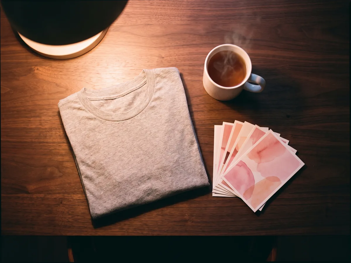 A flat lay of branded estate-agency merchandise on a desk — a folded T-shirt, a mug of tea and a fanned stack of postcards