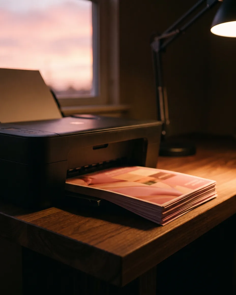 A modern digital printer producing a stack of glossy rose-pink flyers in a bright print production unit