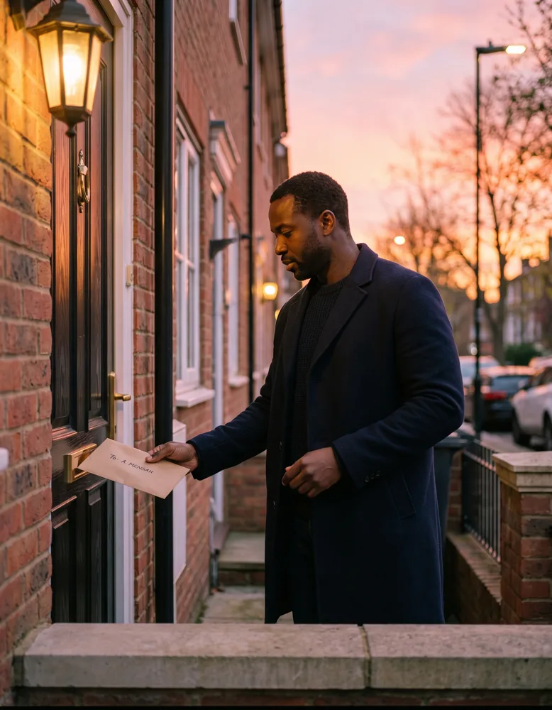 An estate agent posts a named letter through the brass letterbox of a modern British terraced house at dusk