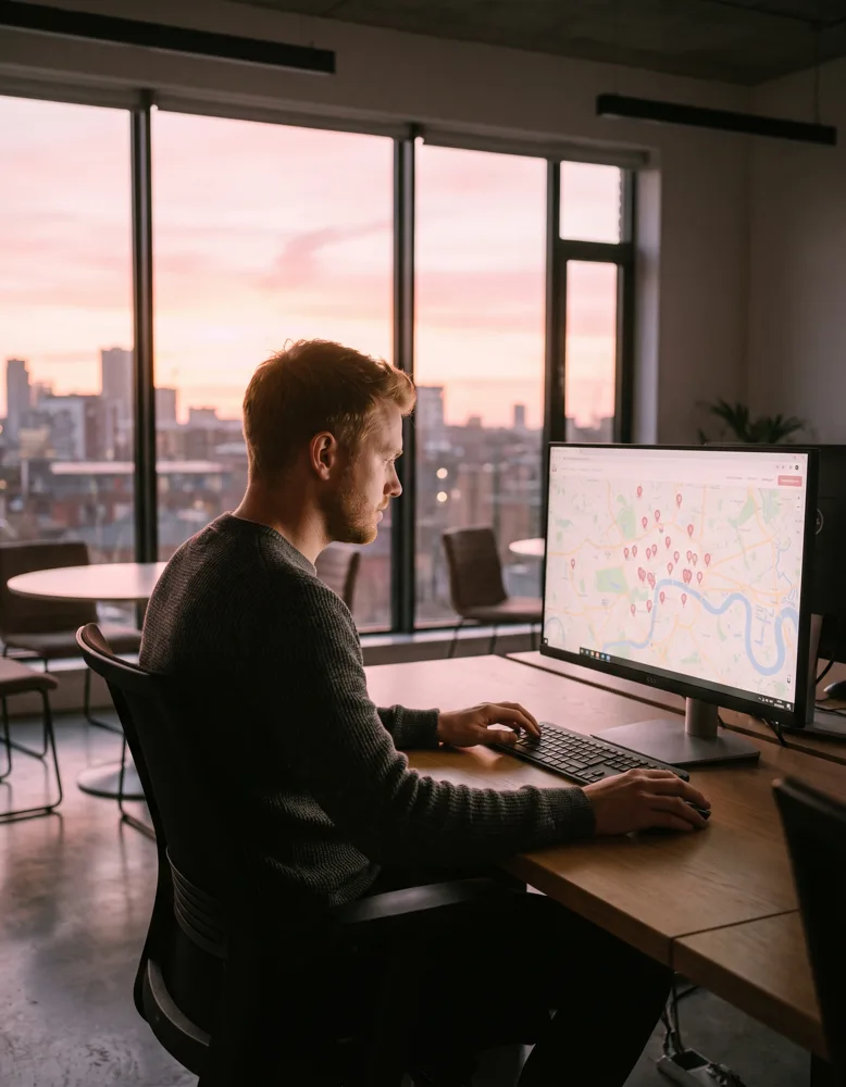 An estate agent at a widescreen monitor in a modern office studies a glowing map dotted with rose-pink location pins