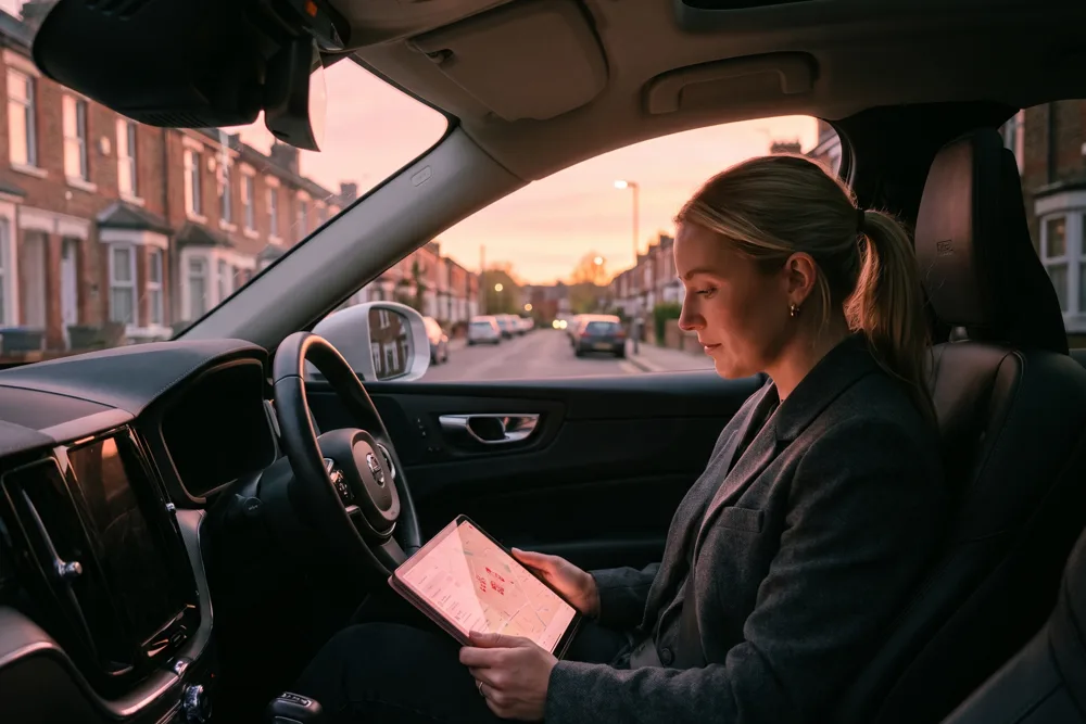 An estate agent sitting in a car on a residential British street at dusk, reviewing a tablet showing highlighted rose-pink properties on a map