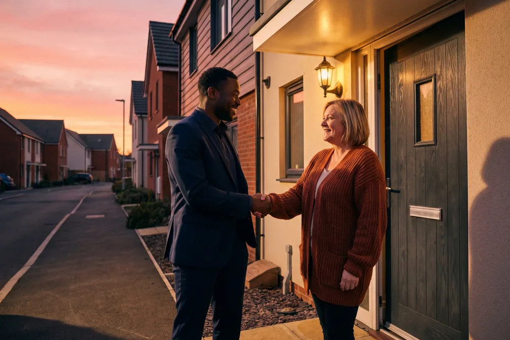 An estate agent shaking hands with a landlord on the doorstep of a modern British buy-to-let terraced house at dusk