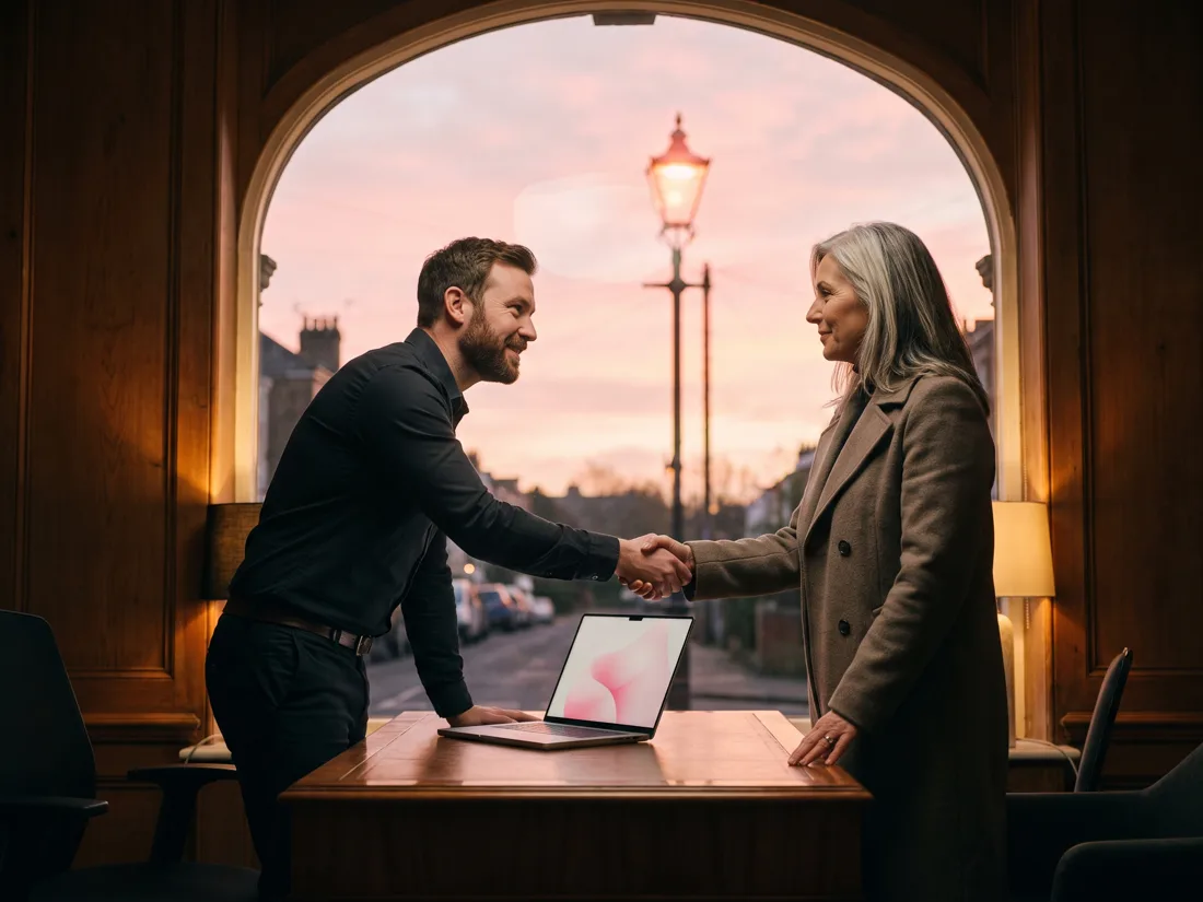 An estate agent and a client shaking hands across a desk in a British estate agency branch at dusk, a laptop glowing between them with a checklist