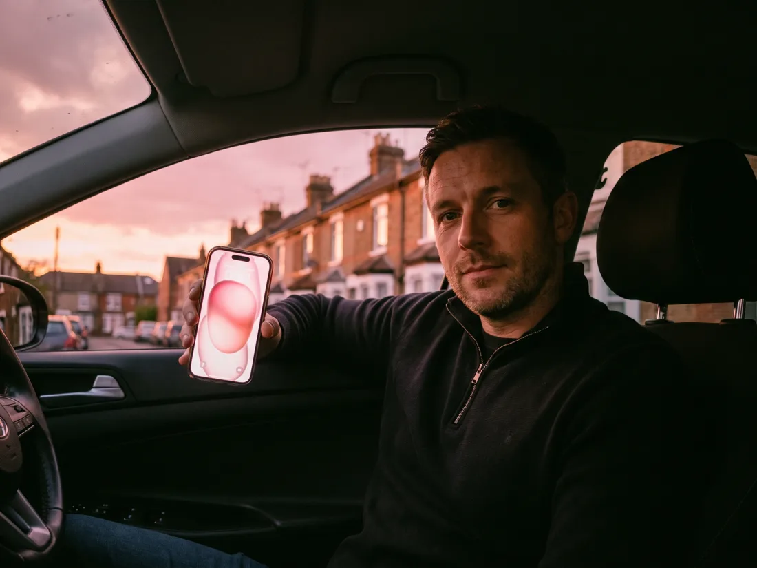 An estate agent in a parked car outside a row of British terraced houses at dusk, sharing his phone screen which glows with a link icon